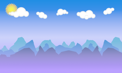 A background texture made mostly of light blue and purple pastels, showing a cartoony sun, clouds, and some mountains in the background