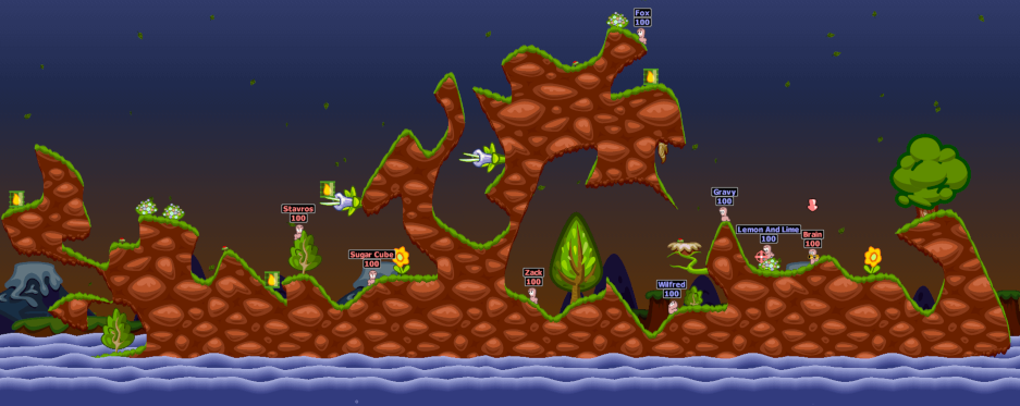 Worms screenshot showing a jagged island landscape with a number of worms standing on it